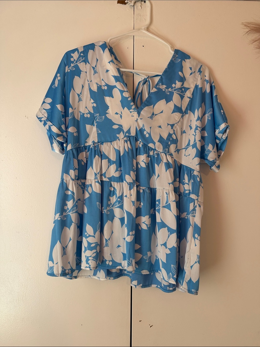Entro Blue and White Floral V-Neck Tiered Tunic